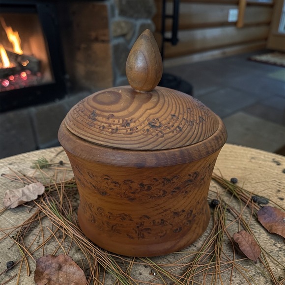 Other - Vintage German Hand Turned Wood Lidded Jar Pyrography Souvenir Deutschland